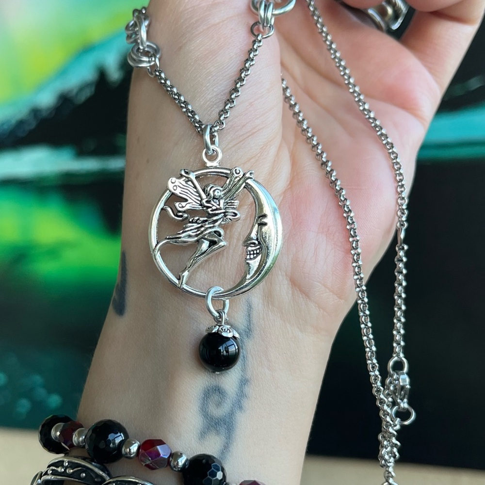 Set ! Fairy & moon dangly onyx gemstones beads necklace + matching earrings boho - Picture 3 of 12